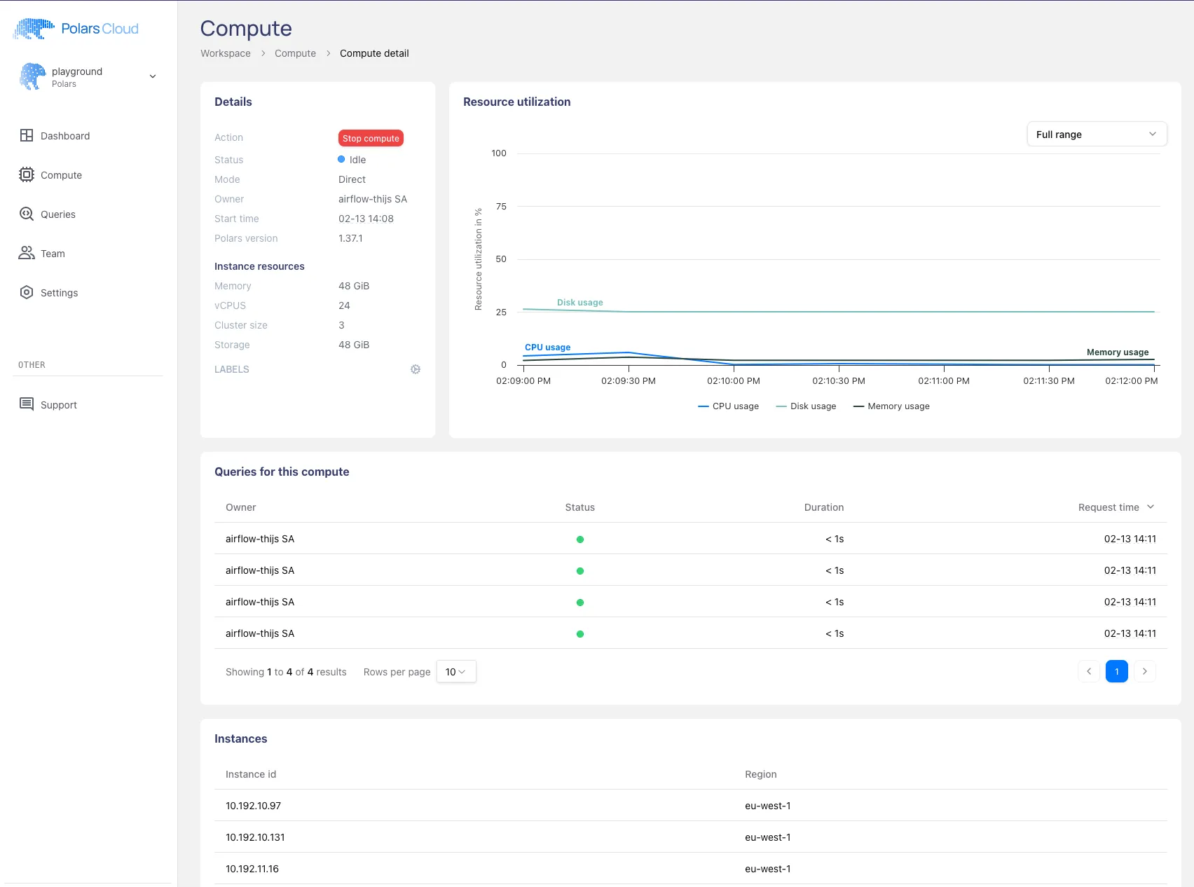 Compute dashboard in Polars Cloud